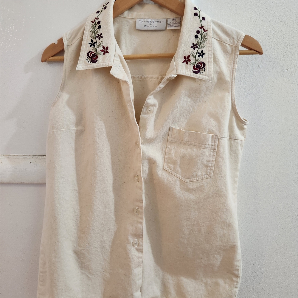 Christopher & Banks Cream Embroidered Button Down Shirt